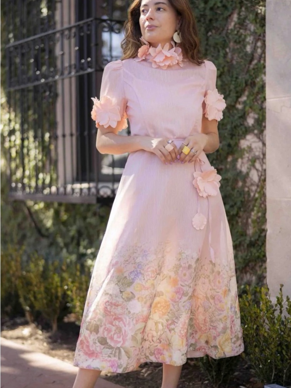 Romantic Blush Pink Midi Dress with Floral Hem and 3D Petal Accents